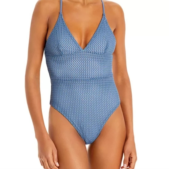 Onia Zinc Blue Textured Crochet One Piece Swimsuit NWT Quiet Luxury Minimalist - Picture 3 of 13